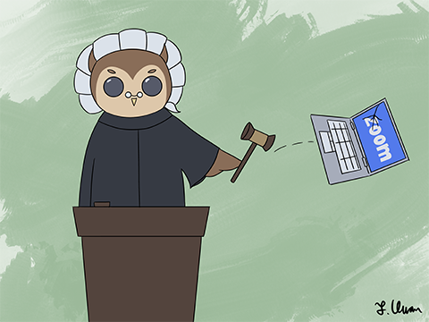 Cartoon depicting a judge smashing a laptop in which a Zoom meeting took place.