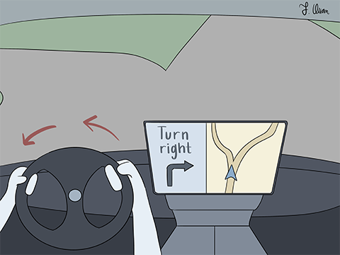 Cartoon depicting a driver turning left at a fork in the road while the GPS is saying to turn right.