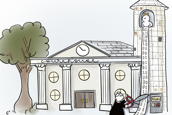 Cartoon depicting a princess in a tower holding a strip of paper revealing data ( in 1s and 0s) with a judge at the bottom of the tower cutting off access to the data with scissors