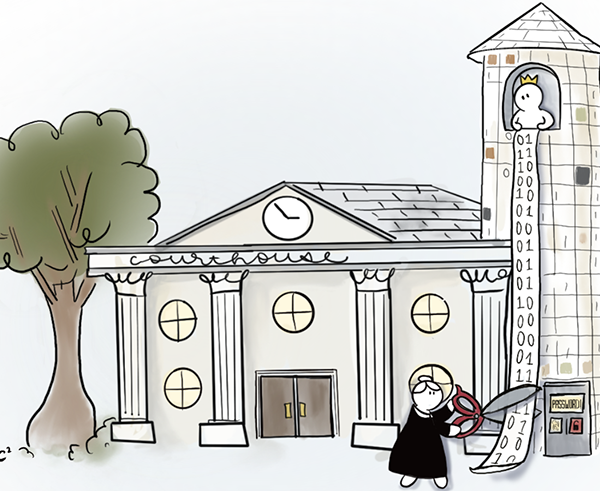Cartoon depicting a princess in a tower holding a strip of paper revealing data ( in 1s and 0s) with a judge at the bottom of the tower cutting off access to the data with scissors